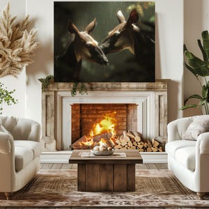 May include: A canvas print of two okapi, with brown and black fur, touching noses. The artwork hangs above a fireplace with a burning fire, a wooden coffee table, and two white armchairs. The room has a cozy, natural aesthetic.