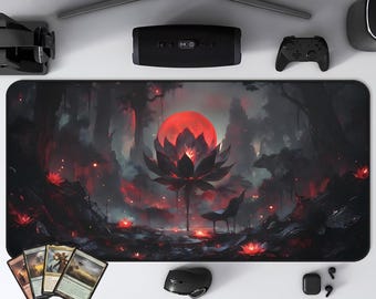 Dark Lotus Fantasy Desk Mat & Mouse Pad | Gothic Red Moon, Dark Botanical Art, Fantasy Gaming Desk Decor