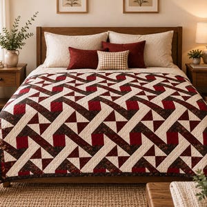 Può includere: Una trapunta con un motivo geometrico in rosso scuro, marrone scuro e bianco crema. Il design è composto da forme e triangoli intrecciati. Il letto è decorato con due grandi cuscini color crema, due cuscini rossi a tinta unita e un piccolo cuscino a quadretti beige.