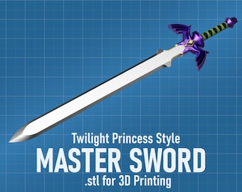May include: A 3D printed model of the Master Sword from The Legend of Zelda: Twilight Princess. The sword is silver with a purple and green hilt. The text "Twilight Princess Style MASTER SWORD .stl for 3D Printing" is below the sword.