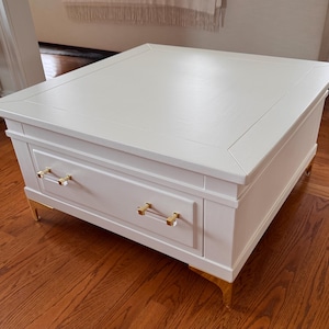 Refinished Broyhill Coffee Table: White Melange Paint, Lucite Hardware