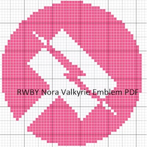 May include: A pink pixel art design of the RWBY Nora Valkyrie emblem. The emblem is a stylized, circular design with two curved lines that intersect in the center.