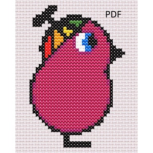 May include: Cross stitch pattern of a pink bird with a rainbow coloured crest and black eyes. The pattern is labelled "PDF" in the top right corner.