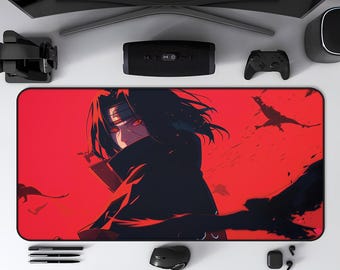 Itachi Uchiha Desk Mat: Red Anime Mouse Pad for Dark Gamer Setup