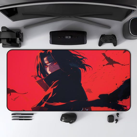 Itachi Uchiha Desk Mat: Red Anime Mouse Pad for Dark Gamer Setup