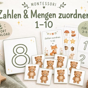Könnte beinhalten: Ein Set aus Lernkarten zum Zuordnen von Zahlen und Mengen von 1 bis 10, mit Illustrationen von einem Fuchs, Bären, Pilzen, Sternen und Eicheln. Die Karten zeigen den Text "MONTESSORI", "Zahlen & Mengen zuordnen 1-10", "SOFORT DOWNLOAD" und "FÜR KINDER 3-6 JAHRE".