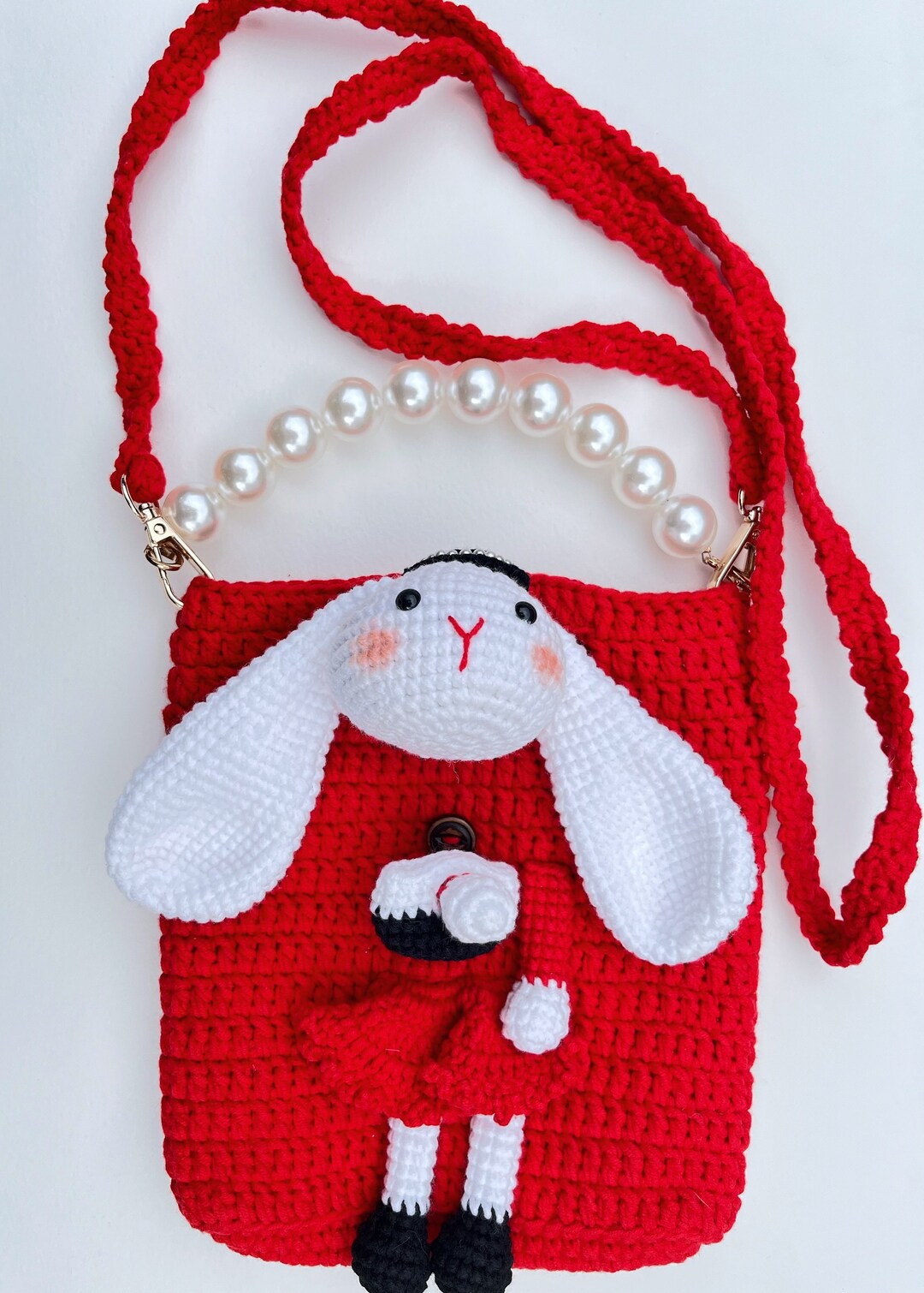 Crochet 3D Red Rabbit Bag, Rabbit Handbag, Crochet Pearl Handbag and ...