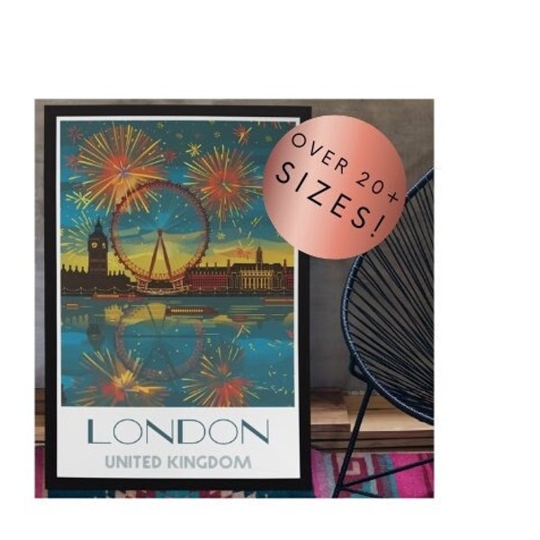 The London Eye at Midnight Wall Art, DIGITAL ART Print, Fireworks Art, Big Ben Painting, United Kingdon, River Thames, British Culture