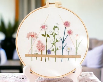 Flowers Pattern Embroidery Kit, Hand Embroidery, Needlework Kit For Beginners, Nature Embroidery Kit Cross Stitch, Modern Art