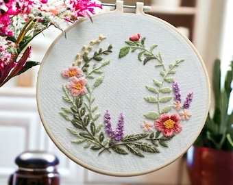 Botanische bloemen borduurset, Beginners Hand Vintage Girl Cross Stitch, Easy Art Hoop Kit, Diy Starter Craft Kit voor volwassenen