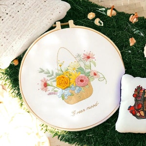 Diseño de bordado de flores, bordado a mano, kit de inicio de bordado, punto de cruz, diseño de primavera, patrón floral, arte del aro de bordado