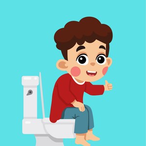 Peut inclure: Une illustration de dessin animé d'un jeune garçon assis sur des toilettes blanches avec un pouce en l'air. Le garçon porte une chemise rouge et un jean bleu. Le texte "DIDI GOES POTTY!!" est en haut de l'image.