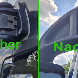 Könnte beinhalten: Vorher-Nachher-Bilder eines schwarzen LKW-Spiegelarms. Der Arm ist an der Fahrerkabine des LKW befestigt und ragt heraus, um den Spiegel zu halten. Das Vorher-Bild zeigt den Arm mit einem sichtbaren Riss. Das Nachher-Bild zeigt den Arm, nachdem er repariert wurde. Der Text "Vorher" ist im Vorher-Bild sichtbar und der Text "Nachher" ist im Nachher-Bild sichtbar.