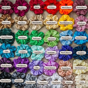 May include: A collection of thirty-six satin hair scrunchies in various colors, each labeled with names like Berry Wine, Raspberry, Berry, Crimson, Witch Flame, Dusty Bloom, Toffee Silk, Hazelnut, Almond Milk, Honey Gold, Sun-Ripe Lemon, and Blush Ice.