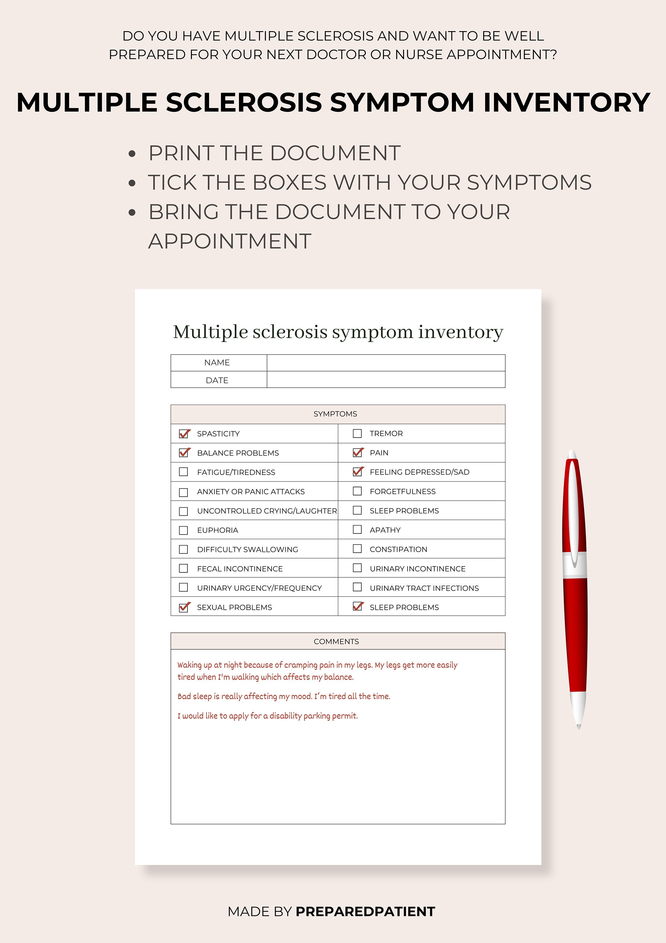 Ms Checklist Multiple Sclerosis Symptom Tracker Medical Tracker Multiple Sclerosis ...