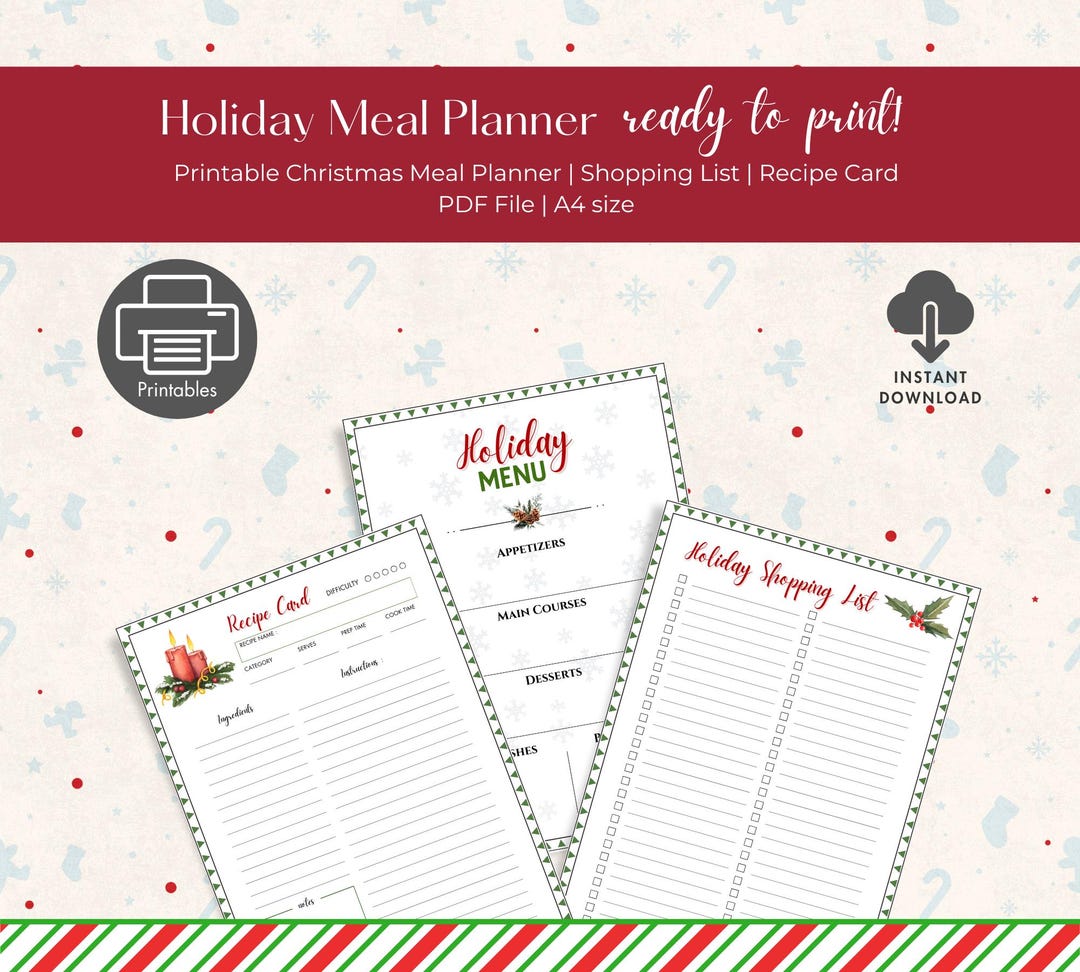 Printable Christmas Meal Planner Holiday Shopping List Recipe Card Template Festive Season ...