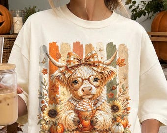 Autumn Highland Cow Tee | Cow with Glasses, Pumpkins, Sunflowers, Comfort Colors Tshirt