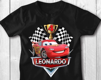 May include: Black t-shirt with a red race car, checkered flags, a gold trophy with the number 4, and the name "LEONARDO" in silver lettering.