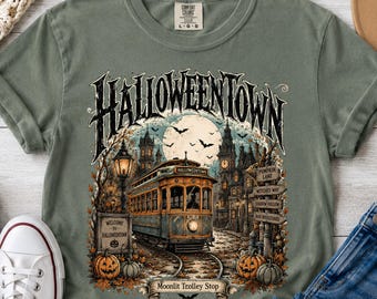 Halloweentown Streetcar T-Shirt | Halloween Haunted City Graphic, Comfort Colors Tshirt, Halloween Tshirt