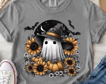 Sunny Pumpkin Ghost T-shirt | Halloween ghost with sunflowers and bats, Comfort Colors Tshirt, Halloween Tshirt