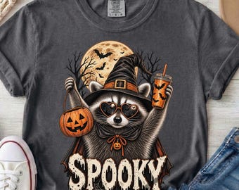 Spooky Raccoon Halloween Shirt, Witch Raccoon Tee, Cute Halloween Graphic Shirt, Vintage Spooky Season Tee, Comfort Colors Tshirt