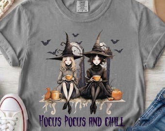 Hocus Pocus and Chill T-shirt | Halloween Witch Illustration, Comfort Colors Tshirt, Halloween Tshirt