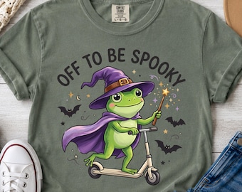 Off to Be Spooky frog on scooter T-Shirt | Halloween witch hat bats, Comfort Colors Tshirt, Halloween Tshirt