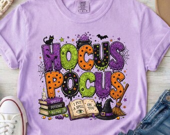 Hocus Pocus Witchy Halloween T-shirt | Spellbook, Cauldron & Bats, Comfort Colors Tshirt, Halloween Tshirt