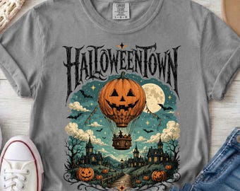 Halloween Town Pumpkin Hot Air Balloon T-Shirt | Spooky Night Illustration, Comfort Colors Tshirt, Halloween Tshirt