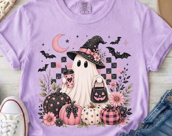 Pink Ghost Witch Halloween T-Shirt | Cute Spooky Pumpkins, Bats, Comfort Colors Tshirt, Halloween Tshirt