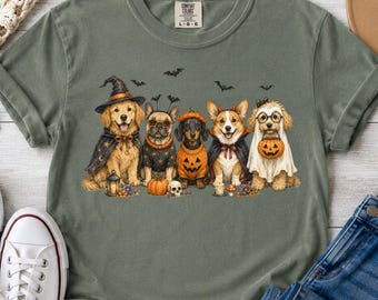 Dogs in Halloween Costumes T-shirt | Cute Puppies, Witch Hat, Pumpkins, Comfort Colors Tshirt, Halloween Tshirt