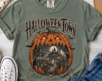 Halloween Town Pumpkin Scene T-shirt | Spooky Village Jack-o'-Lantern, Comfort Colors Tshirt, Halloween Tshirt