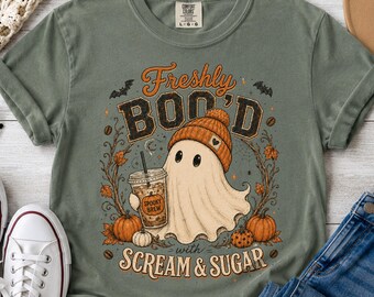 Freshly Boo'd ghost illustration T-shirt | Scream & Sugar Halloween tee, Comfort Colors Tshirt, Halloween Tshirt