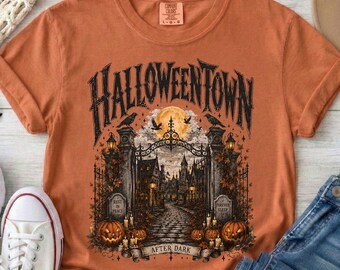 Halloweentown Gate Illustration T-Shirt | Haunted Pumpkin Scene, Comfort Colors Tshirt, Halloween Tshirt