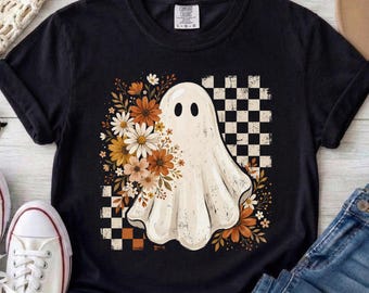 Autumn Floral Ghost T-shirt | Fall Daisy Checkerboard, Comfort Colors Tshirt, Halloween Tshirt
