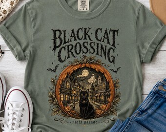 Black Cat Crossing T-shirt | Halloween Witch Cat Moon Graphic, Comfort Colors Tshirt, Halloween Tshirt