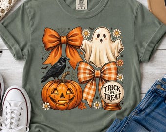 Cute Ghost Halloween Shirt, Halloween Bow Tee, Trick or Treat Shirt, Pumpkin Ghost Shirt, Coquette Halloween Tee, Spooky Season Shirt