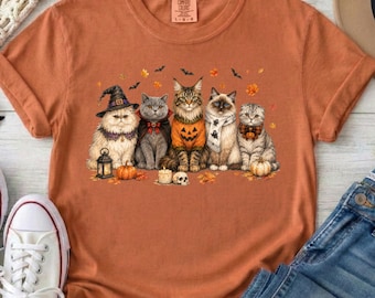 Cute Cats in Halloween Costumes T-Shirt | Pumpkin, Witch, Autumn Cats, Comfort Colors Tshirt, Halloween Tshirt
