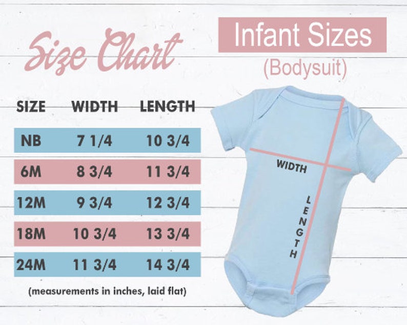 Może przedstawiać: Tabela rozmiar&oacute;w dla body dla niemowląt, pokazująca wymiary w calach dla szerokości i długości. Rozmiary obejmują NB, 6M, 12M, 18M i 24M.