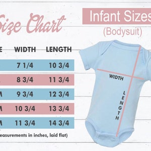Op de afbeelding: Maattabel voor baby-rompers, met afmetingen in inches voor breedte en lengte. De maten omvatten NB, 6M, 12M, 18M en 24M.