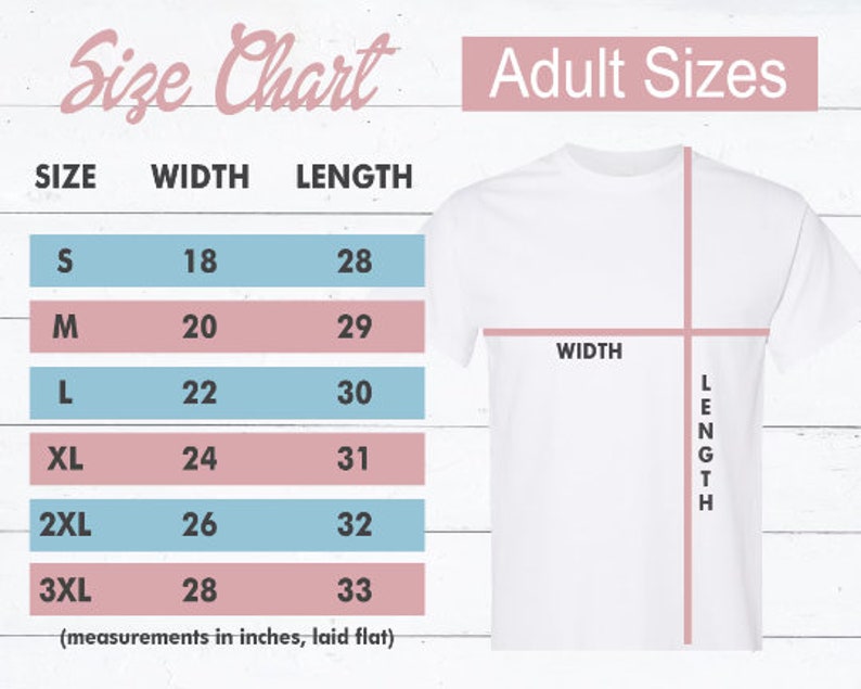 Op de afbeelding: Maattabel voor T-shirts voor volwassenen, met breedte- en lengtemaat in inches voor de maten S, M, L, XL, 2XL en 3XL.