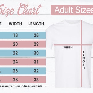 Może przedstawiać: Tabela rozmiar&oacute;w dla koszulek dla dorosłych, pokazująca szerokość i długość w calach dla rozmiar&oacute;w S, M, L, XL, 2XL i 3XL.