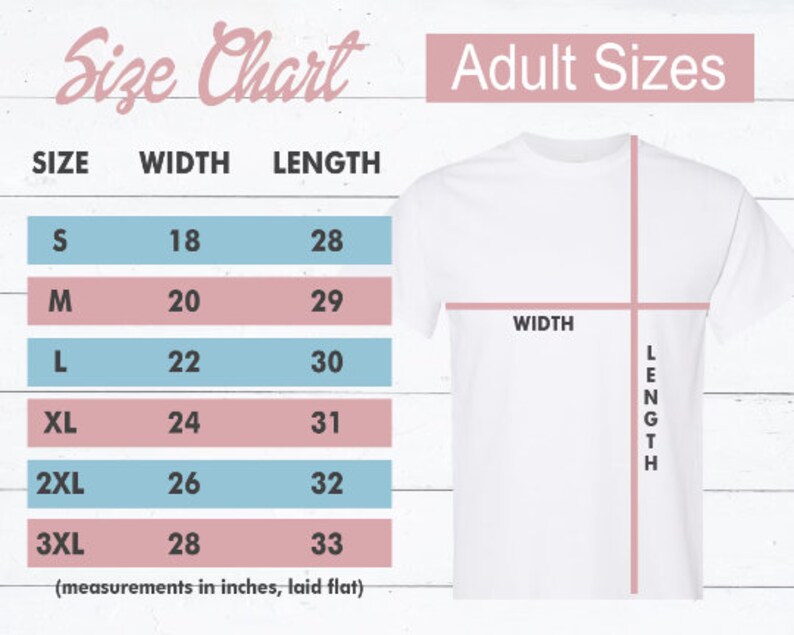 Może przedstawiać: Tabela rozmiar&oacute;w dla koszulek dla dorosłych, pokazująca szerokość i długość w calach dla rozmiar&oacute;w S, M, L, XL, 2XL i 3XL.