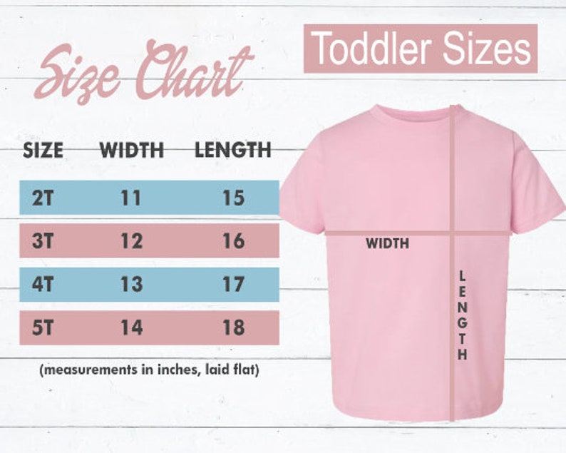 Op de afbeelding: Een maattabel voor kleuter shirts met metingen in inches voor breedte en lengte. De tabel toont maten 2T, 3T, 4T en 5T.