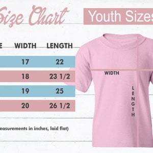 May include: Size chart for youth t-shirts with measurements in inches for width and length. Sizes include S, M, L, and XL.