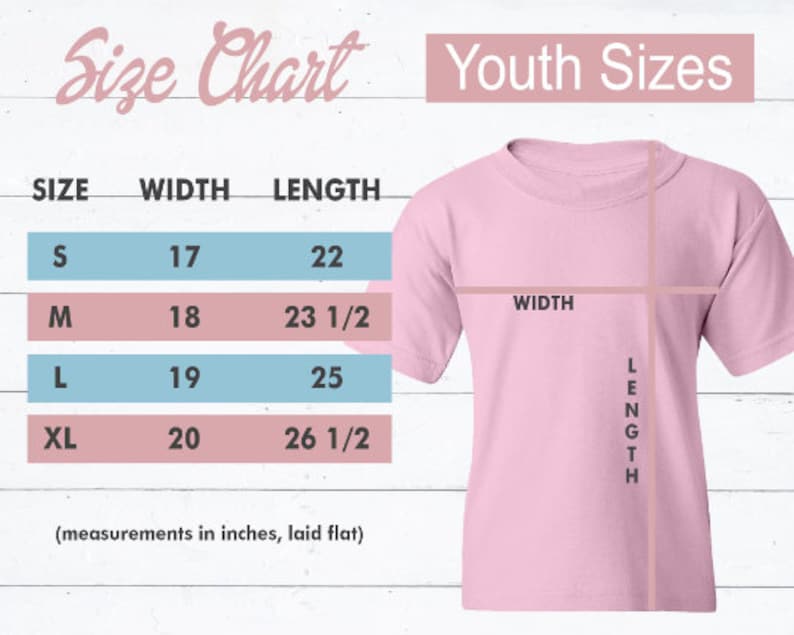 May include: Size chart for youth t-shirts with measurements in inches for width and length. Sizes include S, M, L, and XL.