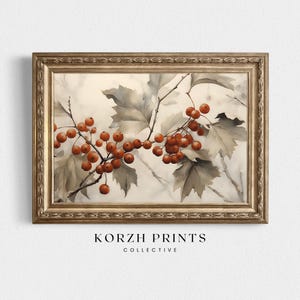 Botanical Christmas Holly Bush Painting Wall Art with Red Berries and Muted Leaves | Nature Artwork Home Decor PRINTABLE Download | KP24-125