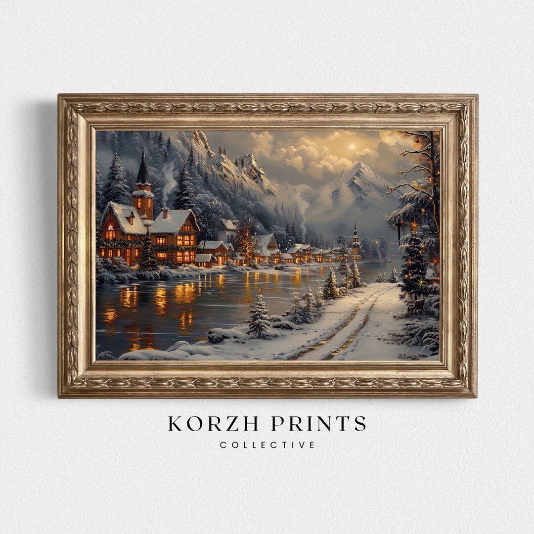 Winter Wonderland Snowy Village Painting Wall Art | Holiday Christmas ...