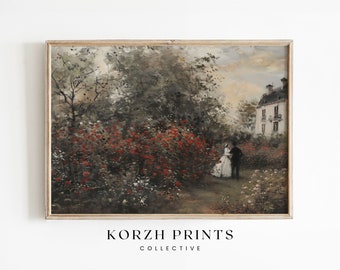 Victorian Couple in Rose Garden Antique Oil Painting (Printable Download)