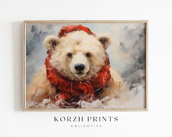 Christmas Polar Bear Print: Snowy Winter Wildlife Art (Digital Download)